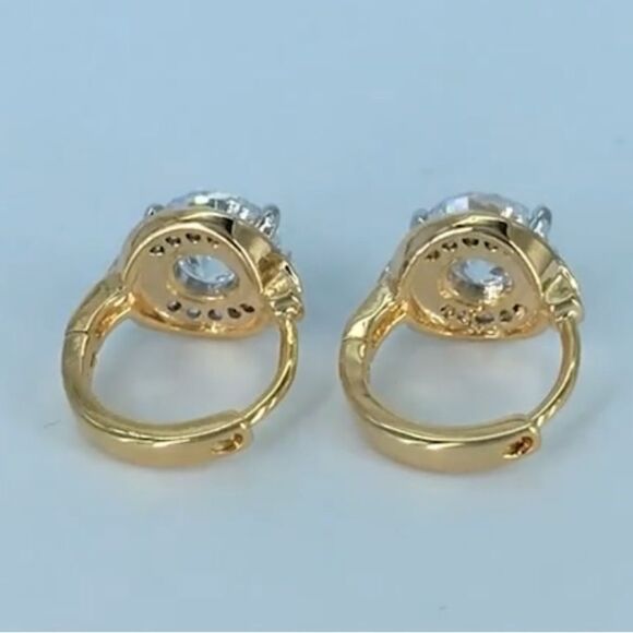 14K Yellow Gold with White Diamond Cubic Zirconia Halo Huggie Hoop Drop Earrings - Picture 10 of 13